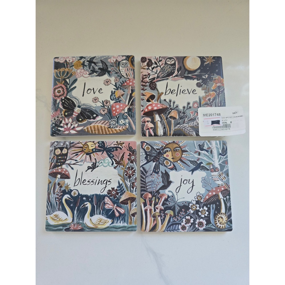 Set of 4 Whimsical Ceramic Coasters Forest Folk Art Love Believe Blessings Joy